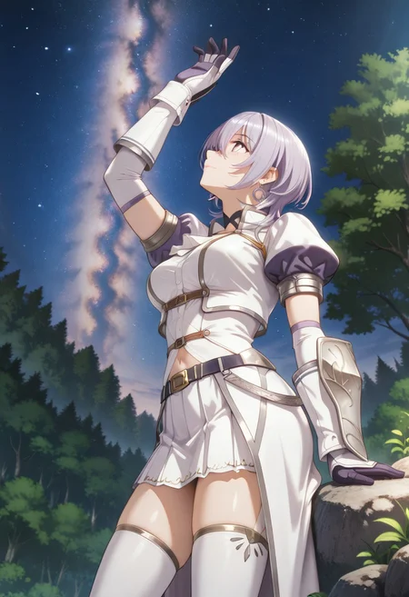 medium depth of field, rule of thirds, masterpiece-level, clean lines, sharp, focused subject, minimalistic composition, masterpiece, amazing quality, best quality, anime screencap, detailed face, detailed eyes, detailed outfit, face focus, 
general,highres, ultra-detailed,very aesthetic,best quality ,best hands, perfect anatomy,detailed,
BREAK 1girl, solo, Philia_Adenauer, Light purple hair,
azure armor,
full azure armor, white shirt, white ascot, white waist cape,
silver hoop earrings, gold arm shield, black choker,
white thighhighs, white cropped jacket, white armored gloves, white miniskirt, white armored boots
from side, from below, cowboy shot,
standing, arm up, happy, light smile, 
Looking up at the sky,
(Forest, woods, trees, rocks, bushes, mountains,
outdoors, night sky, strarry sky, milky way, scenery),