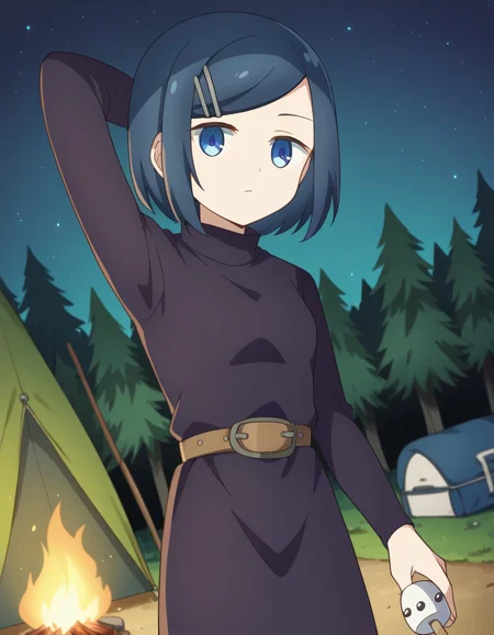 score_9, score_8_up, score_7_up, source_anime, <lora:dungeonpeople-clay-s1-ponyxl-lora-nochekaiser:1>, clay, short hair, blue eyes, black hair, hair ornament, blue hair, hairclip, swept bangs,, dress, belt, long sleeves, turtleneck,, camping, bonfire, tent, stargazing, marshmallows, forest clearing, night, , looking at viewer, hand behind head, , solo,, cowboy shot, dutch angle