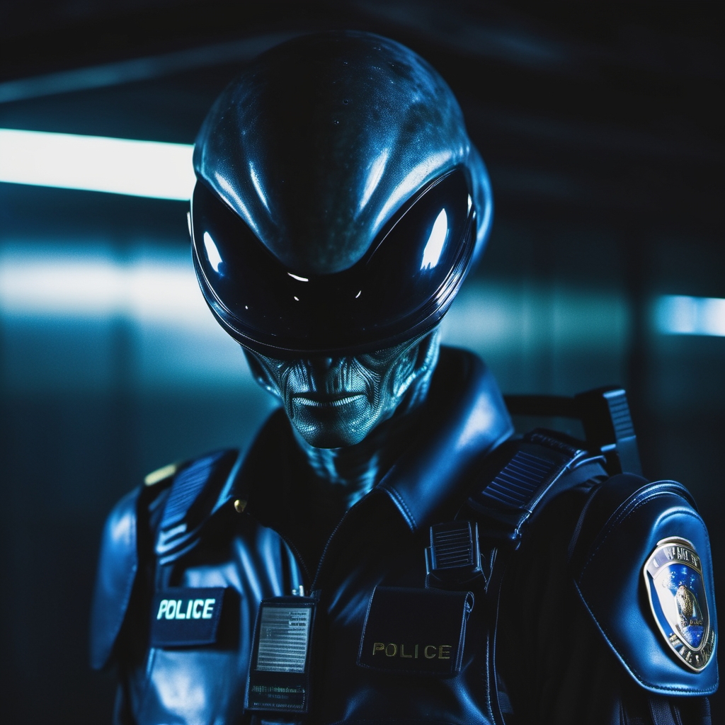 dark shot, photo of alien wearing police uniform, cinematic shot, film grain