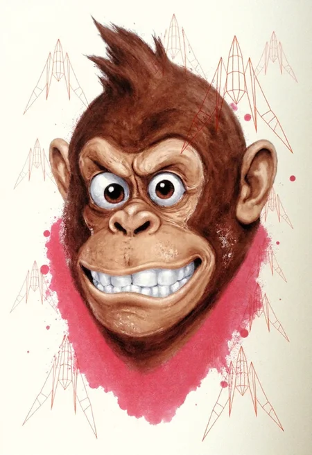 <lora:Acrobatic_Maneuvers_Style_FLUX-000015:0.9>
This image is a digital drawing that combines elements of surrealism and modern art. The central figure is a stylized, three-dimensional representation of Donkey Kong's head, with striking details rendered in various shades of red and brown.