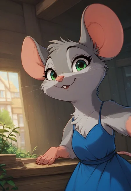 score_9, score_8_up, score_8, solo, (fluffy:0.8), (feral), furry, (((mouse))), (indoors), female, (fluffy cheeks:0.7), (blue dress), (solo:2), j_cartoon, cute, (upper body shot, portrait:2), village, workshop, look at viewer, (smile:0.5), greenish eyes, (gray fur), lean