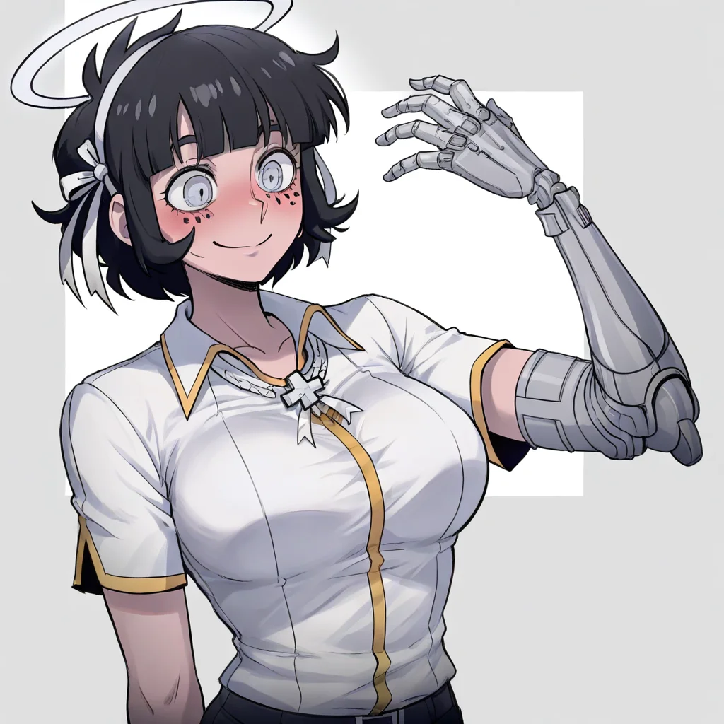 masterpiece, best quality, newest, absurdres, highres, SPAV1.0IL-left, left prosthetic arm, prosthetic arm, prosthesis, single mechanical arm, 1girl, azazel (helltaker), short hair, black hair, halo, white shirt,