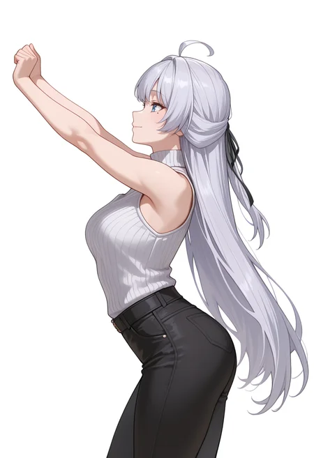 Smooth Quality,masterpiece,very intricate, high quality details, ultra realistic, high detailed skin,detailed enviorement,absurdres,
simple background, white background,
from side,stretching, arms up, tiptoe, arched back, elegant, ,happy,
turtle neck, ,zip-up vest, ,pants,,
<lora:Crylet_Kureha_cnn:0.8>kurehacnn,1girl,bangs, blue eyes, ahoge, mole, bare shoulders, grey hair, very long hair,