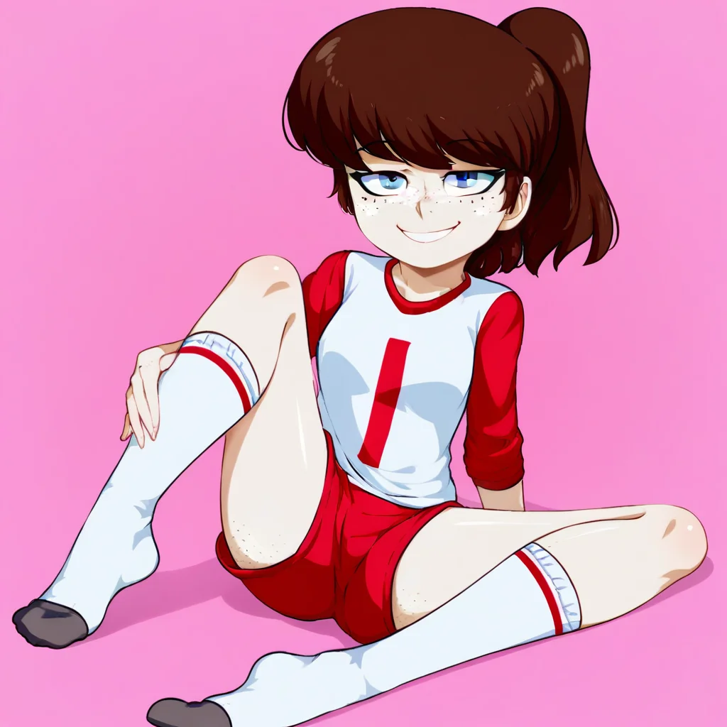 1girl, solo, brown hair, blue eyes, socks, freckles, smile, looking at viewer, ponytail, shorts, jersey shirt