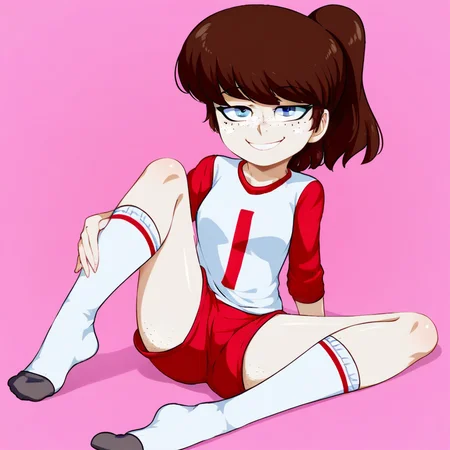 1girl, solo, brown hair, blue eyes, socks, freckles, smile, looking at viewer, ponytail, shorts, jersey shirt