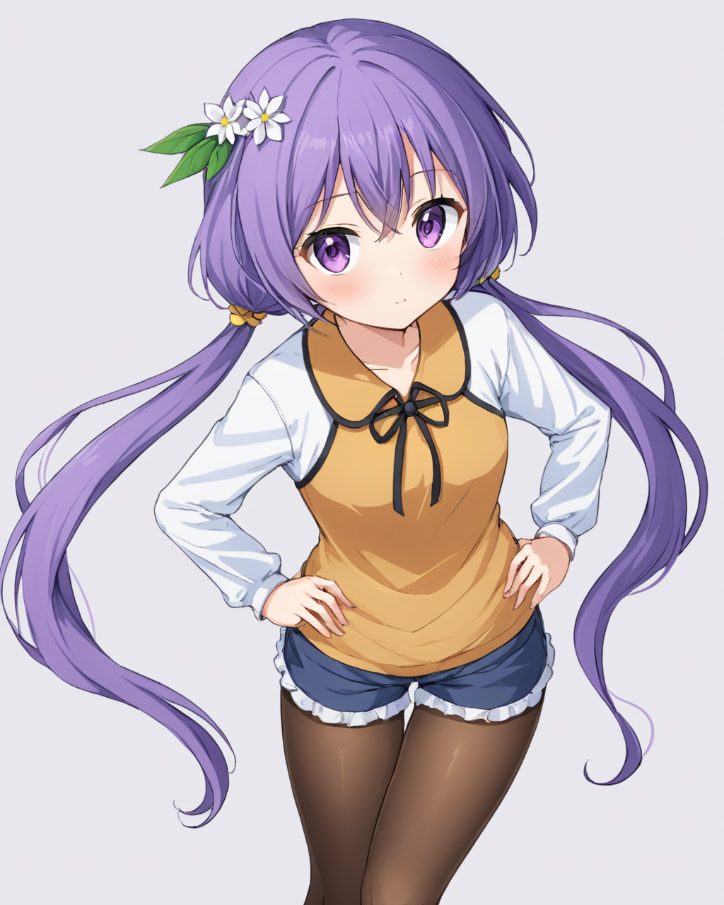 tsukumo benben,1girl, solo, pantyhose, twintails, contemporary, shorts, hair_flower, alternate_costume, casual, blush, legwear_under_shorts, looking_at_viewer, shirt
<lora:tsukumo_benben_image916_2023-12-20-000015:1>,star-shaped_pupils,symbol-shaped_pupils,. gorgeous,key visual, vibrant, studio anime,award-winning, professional, highly detailed,high budget, cinemascope