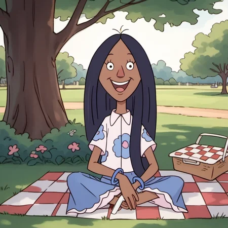 score_9, score_8_up, score_7_up, 1girl, solo, gghh1, dark skin, black hair, happy, long hair, skirt, bracelet, sitting on picnic blanket, under a tree, food, picnic, park, official style, <lora:gghh1:1.1>, Volumetric Lighting,