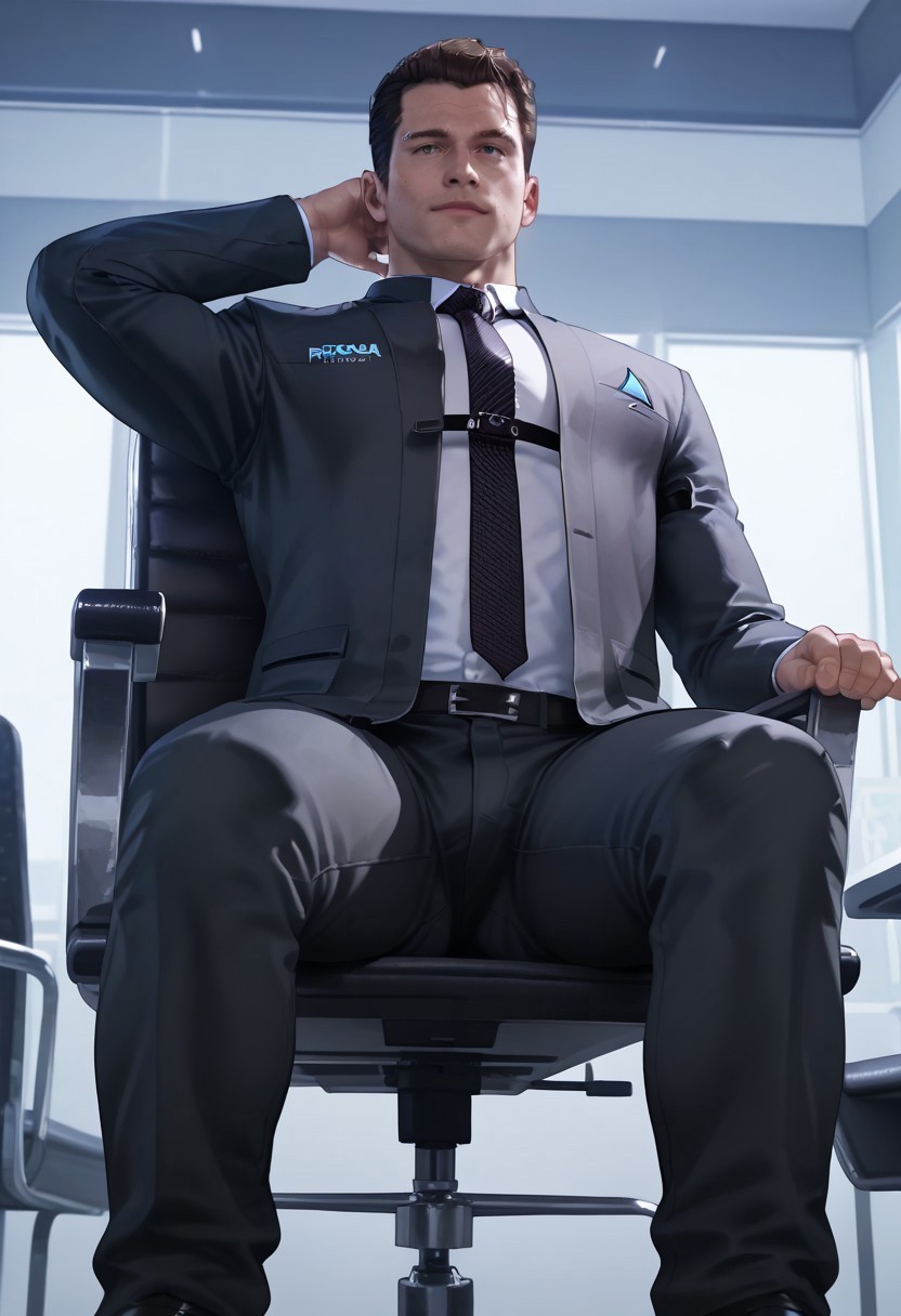 safe_pos, score_9, score_8_up, score_7_up, score_6_up, perfect anatomy, perfect proportions, best quality, masterpiece, high_resolution, high quality, best aesthetic, incredibly absurdres, highres, extremely detailed, huge filesize, mature, handsome, charming, seductive, bara, male focus, sole male, sitting on chair, widely spread legs, (from below, low angle, view between legs), (perfect face, perfect eyes:1.2), (arms at sides, hands beside body), one hand behind head, Connor, RK800, suit, shirt, necktie, jacket, pants,