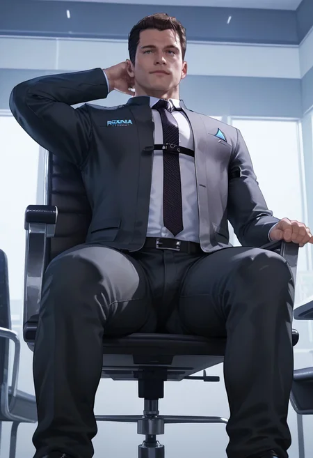safe_pos, score_9, score_8_up, score_7_up, score_6_up, perfect anatomy, perfect proportions, best quality, masterpiece, high_resolution, high quality, best aesthetic, incredibly absurdres, highres, extremely detailed, huge filesize, mature, handsome, charming, seductive, bara, male focus, sole male, sitting on chair, widely spread legs, (from below, low angle, view between legs), (perfect face, perfect eyes:1.2), (arms at sides, hands beside body), one hand behind head, Connor, RK800, suit, shirt, necktie, jacket, pants,