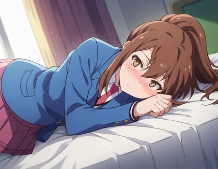 score_9, score_8_up, score_7_up, source_anime,
nanamiaoyama, <lora:nanami-aoyama-s1-ponyxl-lora-nochekaiser:1>,
nanami aoyama, long hair, bangs, brown hair, hair between eyes, brown eyes, ponytail, sidelocks,
skirt, school uniform, jacket, pleated skirt, necktie, blazer,
indoors, bed, bed room, on side, blush, drunk,
looking at viewer, cowboy shot, solo, dutch angle
