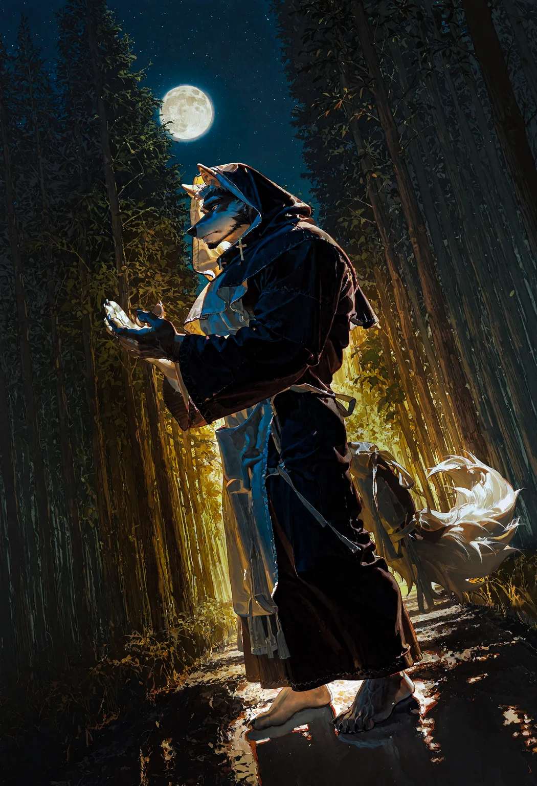 male, solo,anthro furry,wolf,dim lighting, kemono,intense sensation, masterpiece, best quality, newest, highres,4k, score_9, score_8_up, score_7_up, mature, male focus, male,Stand up straight,thick eyebrows, facial hair, stubble,hands,High quality eyes painting,5 fingers,Upright standing posture,solo, muscular, very big muscles, muscular male,visible veins,mature,Strong thighs,focus on role,5 fingers,bare feet,simple background,Clear and distinct lines,Crisp and clear images,5 toes,big head,Uncle furry Character,Reasonable and correct foot shape,5 fingers only,full body picture,Large pecs,barefoot,fabric texture,night,sideways,abstractionism, brush stroke, traditional media,moon,outdoors, mountain,landscape, forest,night sky,nude,volumetric shadows, reflections,(ciloranko:0.3), suzumi \(ccroquette\), (ask \(askzy\):0.6),wolf tail,white fur,long earrings,Compassionate expression,cross earrings,pray,nun uniformRobe Hood,habit,apron,
