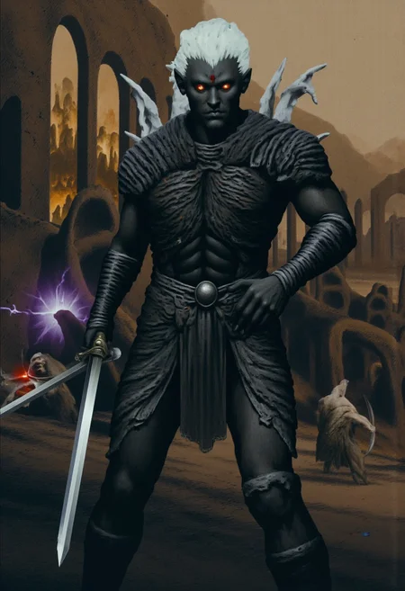 b3rs3rk macro lens d4concept pov, 3D01S, simple background d4artstyle atmospheric and powerful MikeFranchinastyle dark fantasy, natural organic and first person pov of a berserk style creature in the Tsutomu Nihei style
Dark elf warrior, ebony skin with a slight metallic sheen, contrasting shock-white hair ranging from short and tousled to long and flowing. Sharp, angular facial features with high cheekbones and pointed ears. Piercing eyes that glow with inner light, colors varying from amber to pale lavender. Athletic, lithe body clad in intricate, form-fitting armor made of overlapping weaved plates and scales in deep dark purples, blacks, and gunmetal grays. PaperStyle Armor design includes ornamental bladed edges, suggesting both protection and offensive capabilities. Wielding an assortment of weapons including curved swords, throwing stars, and magical whips made of crackling energy. Poses range from dramatic action stances to regal portraits, conveying both lethal grace and commanding presence. Background alternates between shadowy caverns, fiery underworld landscapes, and medieval fantasy cityscapes bathed in golden light. Art style spans from highly detailed digital paintings to stylized fantasy illustrations, with emphasis on dramatic lighting and shadow play to accentuate the character's mysterious and dangerous aura
UHD letterboxed game trailer frame chromatic aberration dark atmosphere sharp masterpiece with a focus on the character, elden ring, dark atmosphere