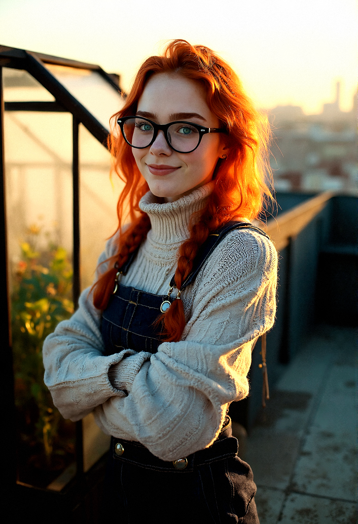 Portrait of a stunning 18-year-old woman with ginger hair, bright aqua eyes, subtle freckles, thick eyebrows, and trendy glasses giving her a nerdy appearance.A delicate chain attached to her glasses, allowing them to hang around her neck when not in use.

A roll-neck sweater layered under a pinafore dress, paired with tights and lace-up boots for a retro nerdy look.


A small, glass greenhouse filled with plants is situated on one side of the rooftop. The setting sun casts a warm glow through the glass, creating a serene, nature-meets-city atmosphere.

Arms crossed, leaning back slightly with a casual but confident smile, as if surveying the scene.







