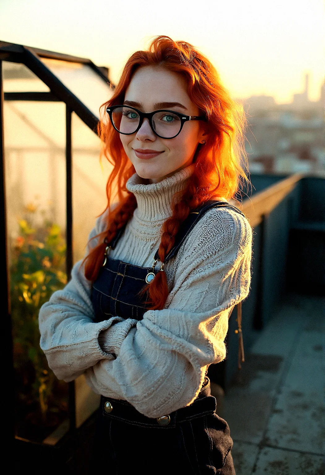 Portrait of a stunning 18-year-old woman with ginger hair, bright aqua eyes, subtle freckles, thick eyebrows, and trendy glasses giving her a nerdy appearance.A delicate chain attached to her glasses, allowing them to hang around her neck when not in use.
A roll-neck sweater layered under a pinafore dress, paired with tights and lace-up boots for a retro nerdy look.
A small, glass greenhouse filled with plants is situated on one side of the rooftop. The setting sun casts a warm glow through the glass, creating a serene, nature-meets-city atmosphere.
Arms crossed, leaning back slightly with a casual but confident smile, as if surveying the scene.