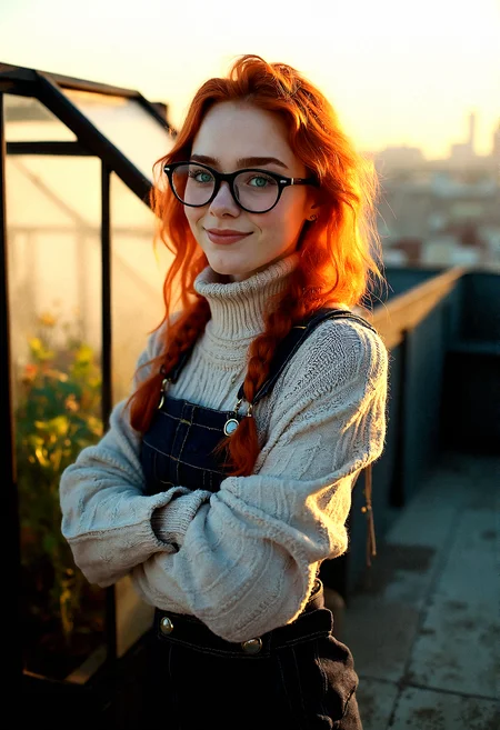 Portrait of a stunning 18-year-old woman with ginger hair, bright aqua eyes, subtle freckles, thick eyebrows, and trendy glasses giving her a nerdy appearance.A delicate chain attached to her glasses, allowing them to hang around her neck when not in use.
A roll-neck sweater layered under a pinafore dress, paired with tights and lace-up boots for a retro nerdy look.
A small, glass greenhouse filled with plants is situated on one side of the rooftop. The setting sun casts a warm glow through the glass, creating a serene, nature-meets-city atmosphere.
Arms crossed, leaning back slightly with a casual but confident smile, as if surveying the scene.