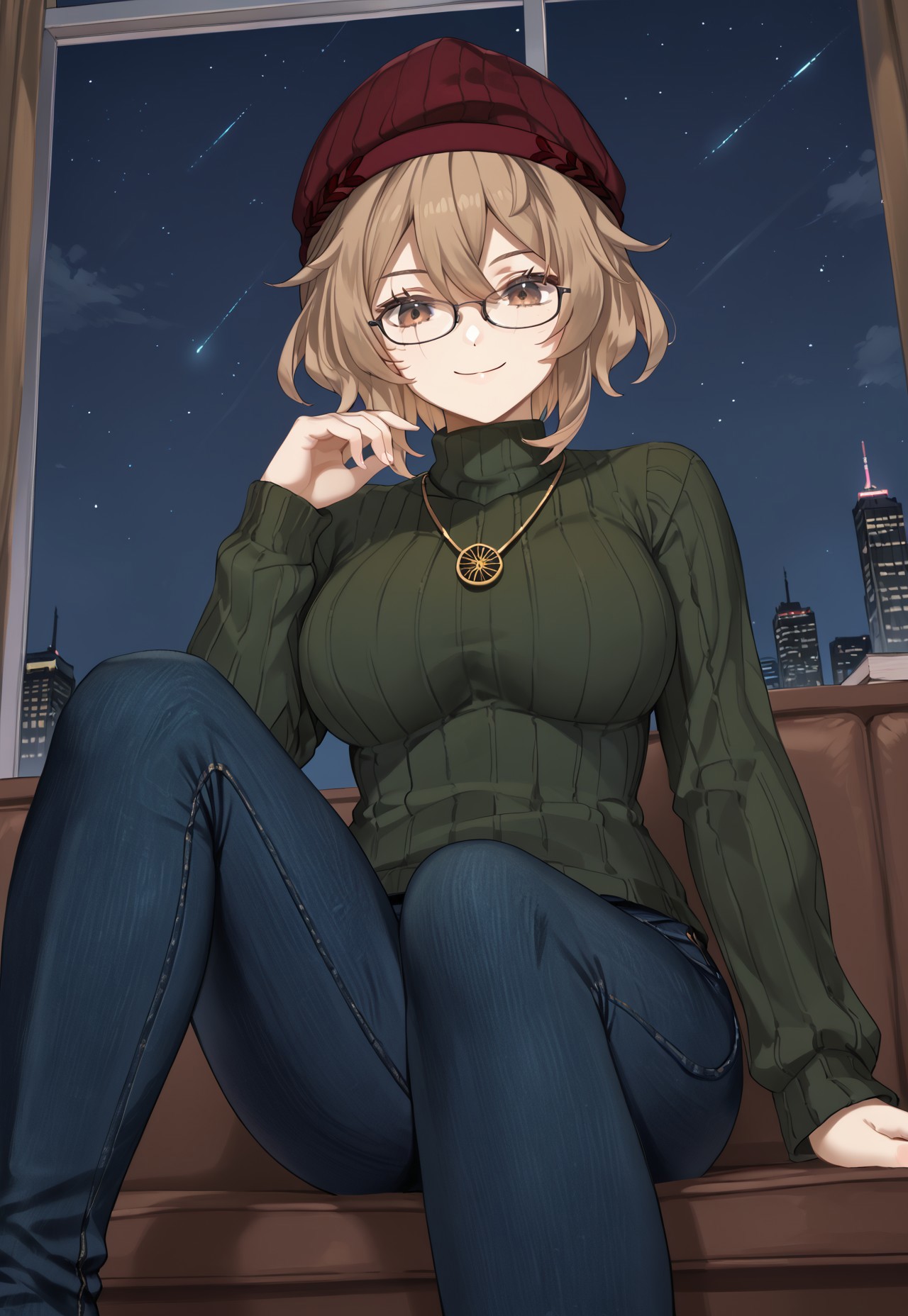 1girl, solo, solo focus, highres, absurdres, ClioAite, brown eyes, glasses, short hair, bangs, hair between eyes, black-framed eyewear,  red headwear, hat, beanie,   jewelry, necklace,

large breasts, 

pants, jeans, denim, skin tight, green sweater, ribbed sweater, 

looking down, light smile, closed mouth, head tilt, from below, sitting, leg up, 

indoor, cityscape, neon lights, window, dark, night, night sky, light particles, backlighting, shade,