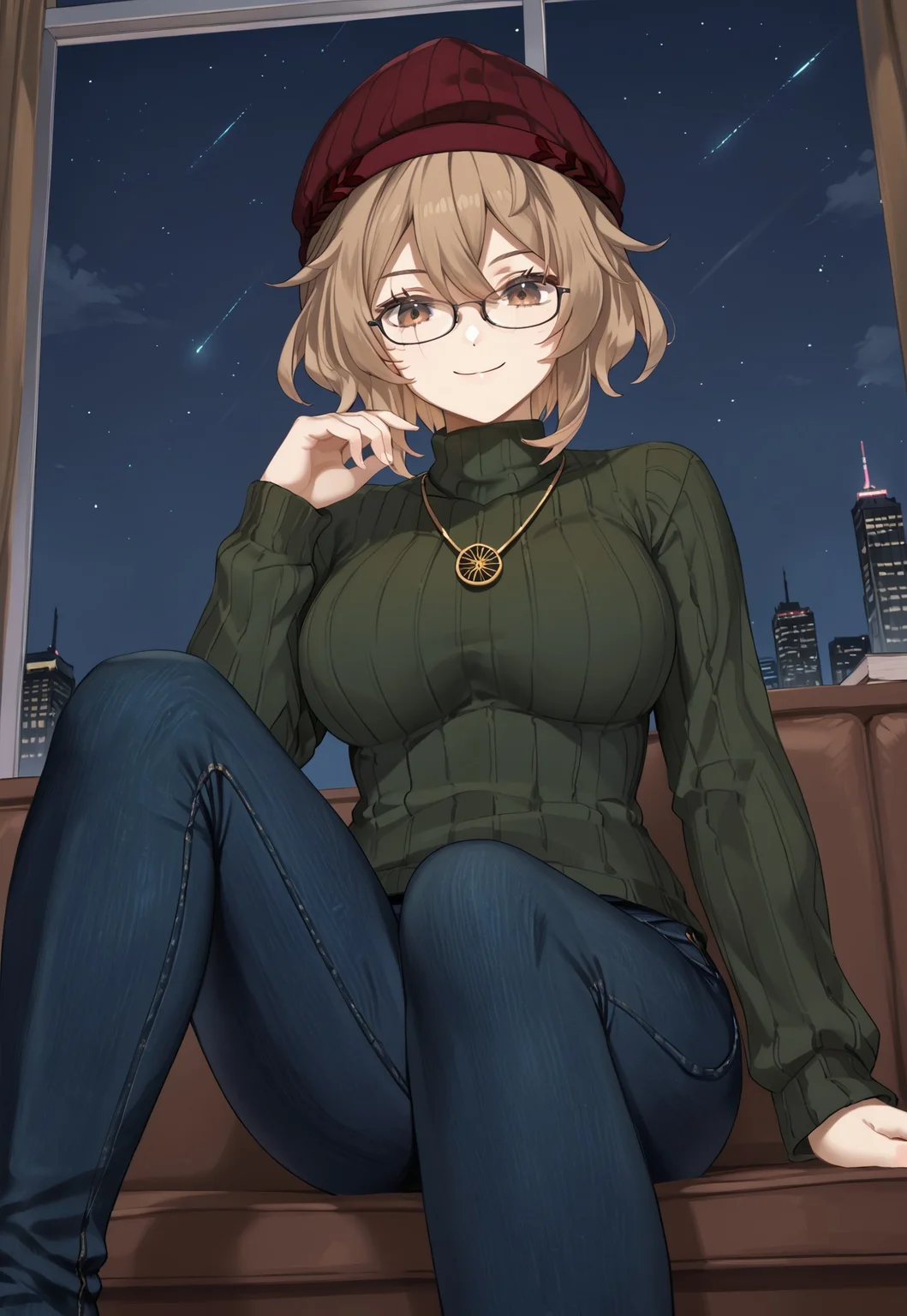1girl, solo, solo focus, highres, absurdres, ClioAite, brown eyes, glasses, short hair, bangs, hair between eyes, black-framed eyewear, red headwear, hat, beanie, jewelry, necklace,
large breasts,
pants, jeans, denim, skin tight, green sweater, ribbed sweater,
looking down, light smile, closed mouth, head tilt, from below, sitting, leg up,
indoor, cityscape, neon lights, window, dark, night, night sky, light particles, backlighting, shade,