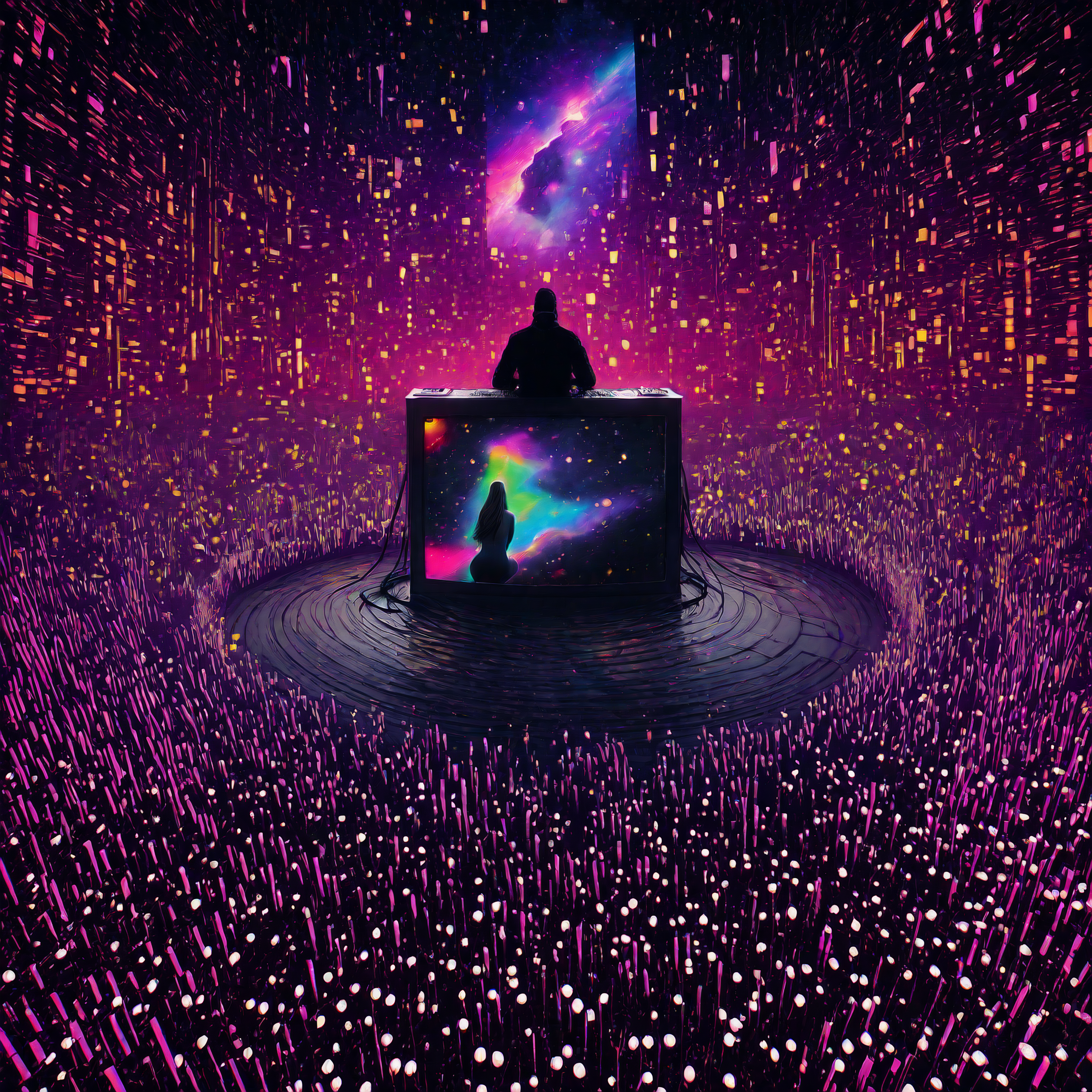 masterpiece, realistic, from behind, 

synaptic detonations, simulation of neural activity, cosmic horrors descend from the horizon, 

a seated audience looking at an empty screen, 