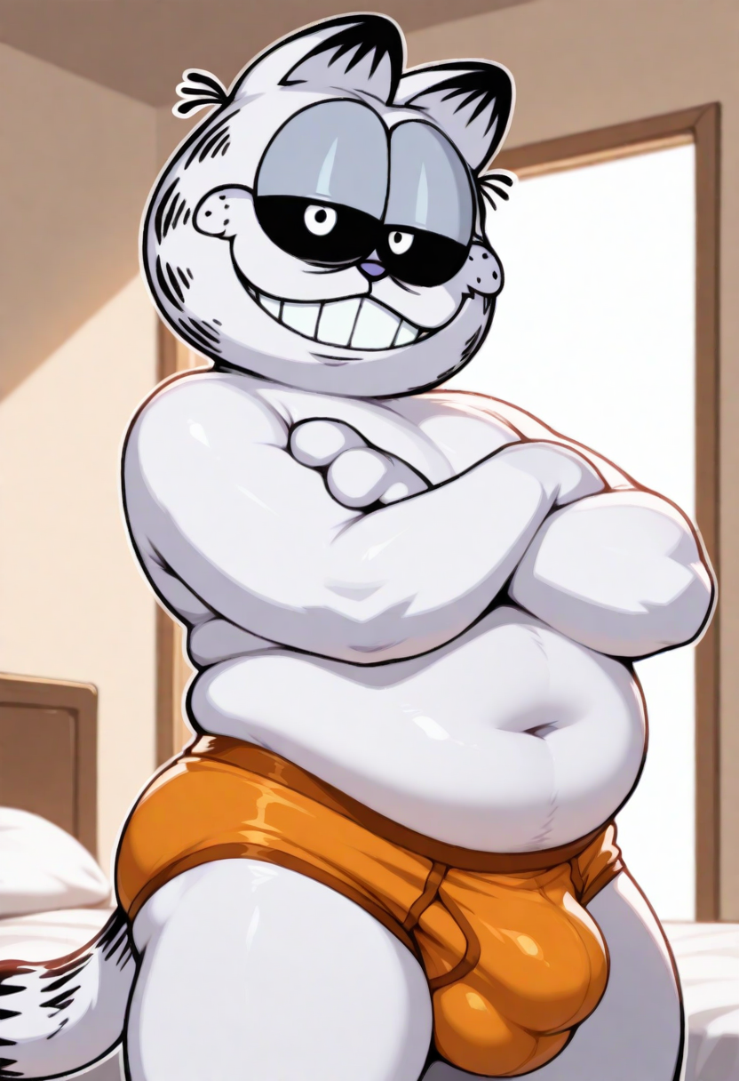 <lora:sansfield_Illustrious_Mlaofmd-10:1.0>, masterpiece, best quality, high quality, depth of field, ambient silhouette, backlighting, 1boy, solo, sansfield, white fur, garfield \(series\), sans \(undertale\), cat ears, whiskers, black sclera, white eyes, grin, smile, slightly chubby, briefs, orange briefs, bulge, big bulge, looking at viewer, crossed arms, bedroom,