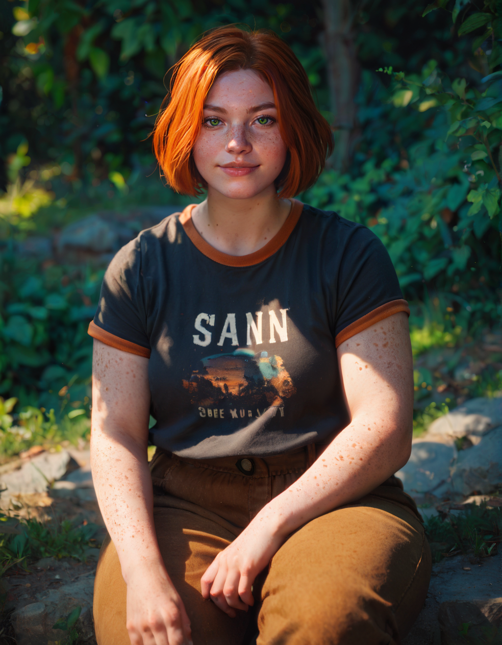 score_9, score_8_up, score_7_up, <lora:swann_v1-000015:0.7>, swann, 1girl, orange hair, short hair, green eyes, freckles, body freckles, plump, t-shirt, brown pants, standing, facing viewer, looking at viewer, outdoors, sitting, depth of field, cinematic lighting, <lora:StS_PonyXL_Detail_Slider_v1.4_iteration_3:3>