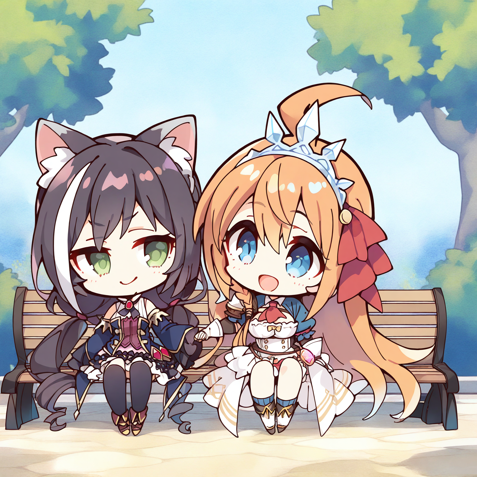 (masterpiece, best quality, highres, absurdres, very detailed, very aesthetic:1.22), (detailed eyes), chibi, pecorine \(princess connect!\), karyl \(princess connect!\), 2girls, :d, full body, holding hands, detailed scenery, park bench,  <lora:komowata_haruka_ct15v_1-03:1>