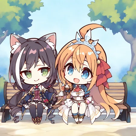 (masterpiece, best quality, highres, absurdres, very detailed, very aesthetic:1.22), (detailed eyes), chibi, pecorine \(princess connect!\), karyl \(princess connect!\), 2girls, :d, full body, holding hands, detailed scenery, park bench, <lora:komowata_haruka_ct15v_1-03:1>