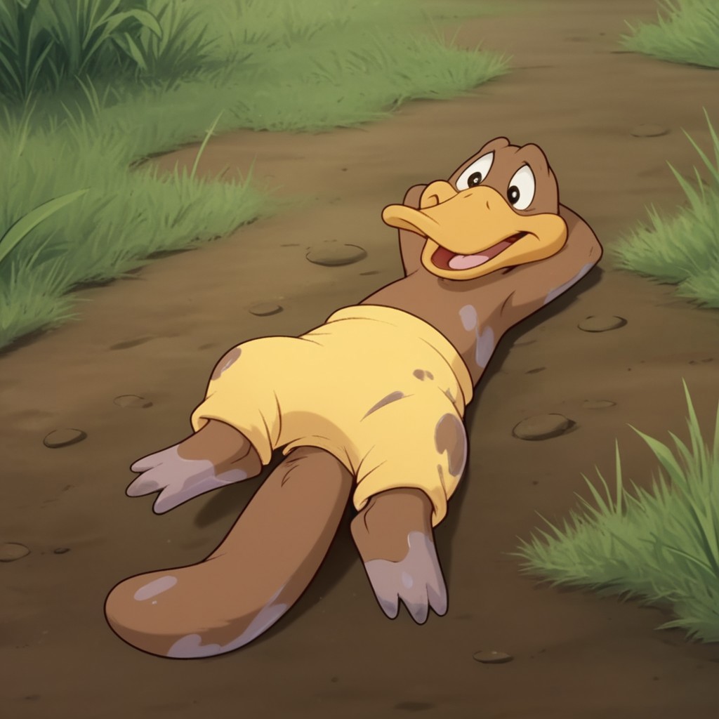 score_9, score_8_up, score_7_up, score_6_up, score_5_up, score_4_up, source_furry, Flapbbv2, semi-anthro, male, Platypus, brown fur, duck-billed, webbed feet, yellow pants, outside, covered in mud