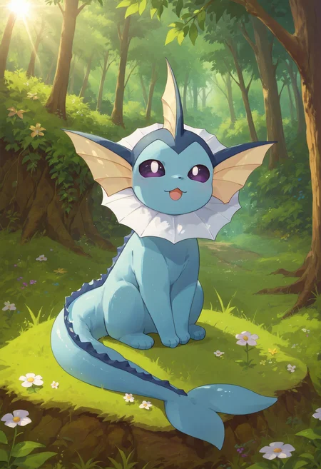 score_9, score_8_up, score_7_up, score_6_up source_anime BREAK
forest, grass, sunbeam, leaves, flowers, wildflowers, lens flare
V4P0R30N, sky blue skin, dark purple eyes, fins, quadraped, fish tail
<lora:Vaporeon_Pokemon_Pony:1>
sitting, chibi, facing viewer, head tilt, mouth open, curious
