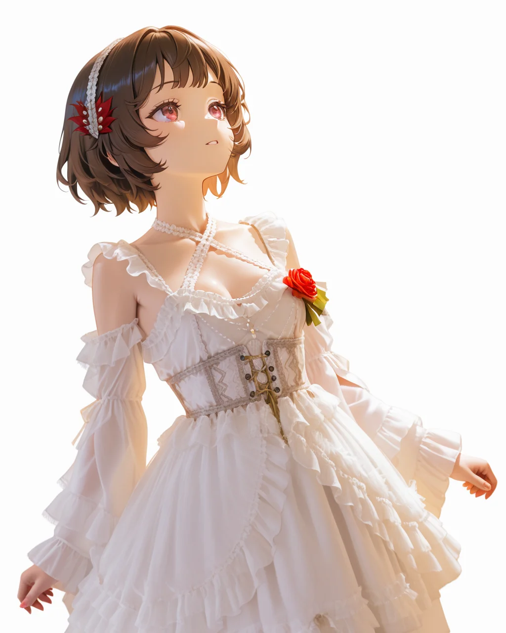 Positive: Masterpiece, best quality, amazing quality, very aesthetic, high resolution, ultra-detailed, absurdres,
1girl,solo,white_background,
schndef, short hair, feather hair ornament,small breasts,brown hair, red eyes,white hairband, 
white off-shoulder lace ruffled dress,
white dress,white off-shoulder,lace,frills,
criss-cross halter,
corsage,jewelry,
long sleeves,detached sleeves, 
cowboy_shot,look up,