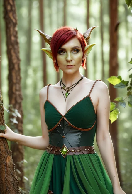 depth of field, fantasy photoshoot, photo, professional photoshoot,
1girl, goblin, pointy ears, short, green skin, themes of gold and leather,
short hair, dress, jewelry, red hair,
summer forest, branches in foreground, blurry foreground, trees in background,
realistic, blurry