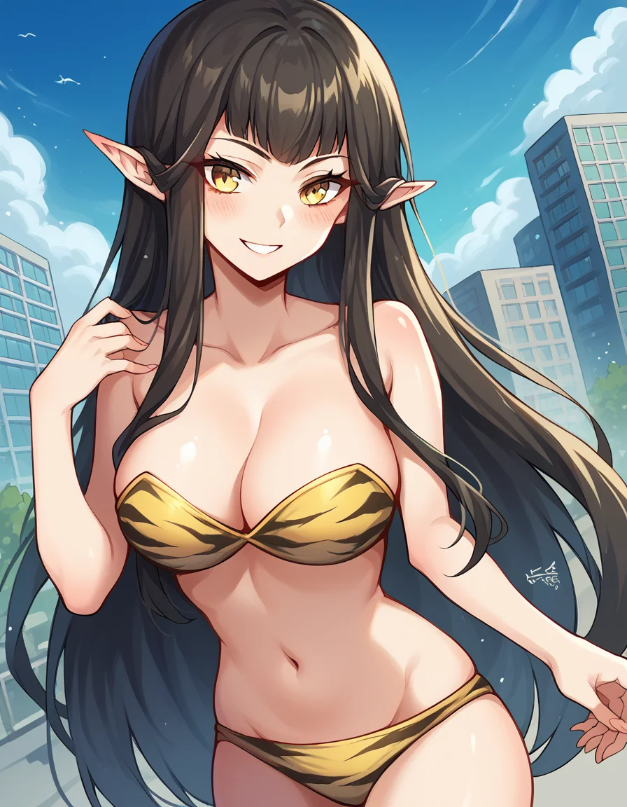 score_9, score_8_up, score_7_up, source_anime, <lora:fgo-semiramis-ponyxl-lora-nochekaiser:1>, semiramis, black hair, blunt bangs, long hair, pointy ears, sidelocks, yellow eyes, large breasts,, <lora:lum-cosplay-ponyxl-lora-nochekaiser:1>, lumcosplay, navel, cleavage, swimsuit, bikini, strapless, animal print, yellow bikini, tiger print, strapless bikini,, outdoors, cityscape, street, smile, blush,, , cowboy shot, dutch angle