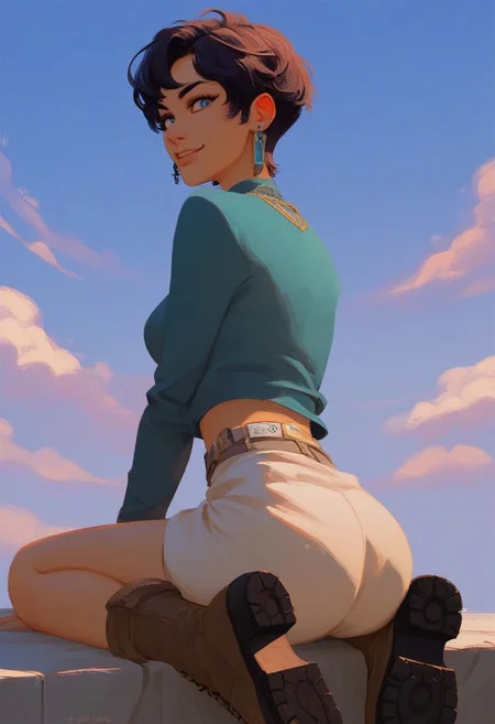 score_9, score_8_up. score_7_up, nsfw, Source anime, masterpiece, ((8k uktra realism anime)) BREAK
1girl, solo, ass, sitting, earrings, jewelry, short_hair, blue_eyes, smile, boots, watercraft, watermark, sky, looking_at_viewer
