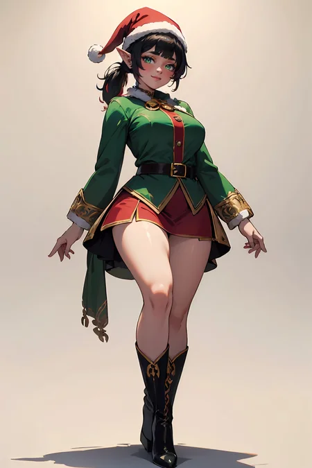 (masterpiece, best quality, highres, high resolution:1.2), extremely detailed, intricate details, 1girl, solo, looking at viewer, clamEmma, <lora:clamEmma:0.6>, (simple background, white background:1.2), full body, santa's elf, green outfit, stocking cap, high heel boots, smile, side-swept bangs, black hair, pink IncursioDipDyedHair, messy mid ponytail, green eyes, thick eyebrows, freckles, <lora:DipDyedHair:0.8>, <lora:weight_slider_v2:0.25>, (cinematic lighting, bloom, volumetric)