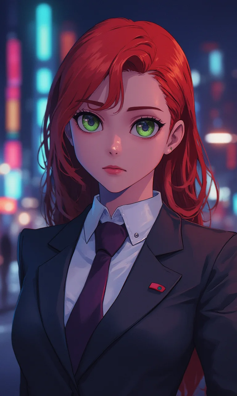 mature woman wearing a suit and tie close up portrait photo , red hair, green eyes, closeup on facecyberpunk anime city at night, comic illustration<lora:Flux\mine\bigeyes.safetensors:0.5:0.5> <lora:Flux\CPA.safetensors:0.7000000000000001:0.7000000000000001>