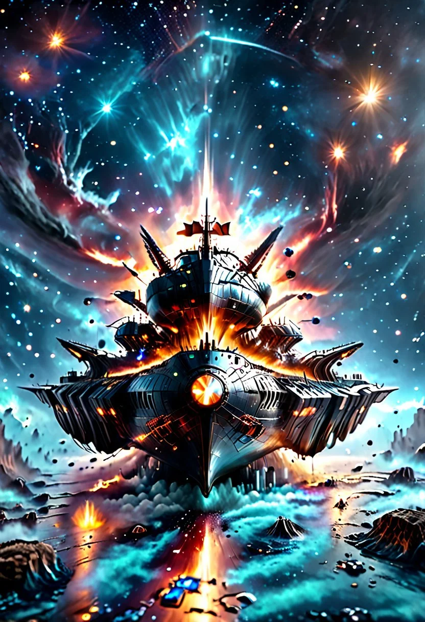 high quality, 8K Ultra HD, highly realistic, The great and sleek black ship is moving forward, blasting through space. It has powerful cannons facing forward that are unleashing powerful blue neutron beams upon an unseen foe. Embark on an enchanting 8K photorealistic journey as a magnificent starship blasts through a star system. The ship gracefully flies among other ships. The starship's design boasts advanced technological elements. The camera captures every minute detail, by VelvetS, octane render,from slightly to the side. perfectly symmetrical ship. Weapons fire blue energy beams,
<lora:DonM3t3rn1tyXL-v1.1:0.7>, DonM3t3rn1tyXL,
OverallDetailXL <lora:MJ52:0.3> <lora:SDXLFaeTastic2400:0.4>