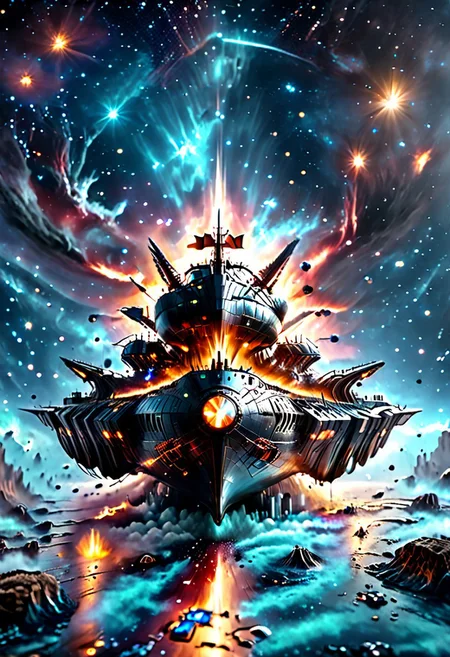 high quality, 8K Ultra HD, highly realistic, The great and sleek black ship is moving forward, blasting through space. It has powerful cannons facing forward that are unleashing powerful blue neutron beams upon an unseen foe. Embark on an enchanting 8K photorealistic journey as a magnificent starship blasts through a star system.  The ship gracefully flies among other ships. The starship's design boasts advanced technological elements. The camera captures every minute detail, by VelvetS, octane render,from slightly to the side.  perfectly symmetrical ship.  Weapons fire blue energy beams, 
<lora:DonM3t3rn1tyXL-v1.1:0.7>, DonM3t3rn1tyXL,
OverallDetailXL  <lora:MJ52:0.3>  <lora:SDXLFaeTastic2400:0.4>
