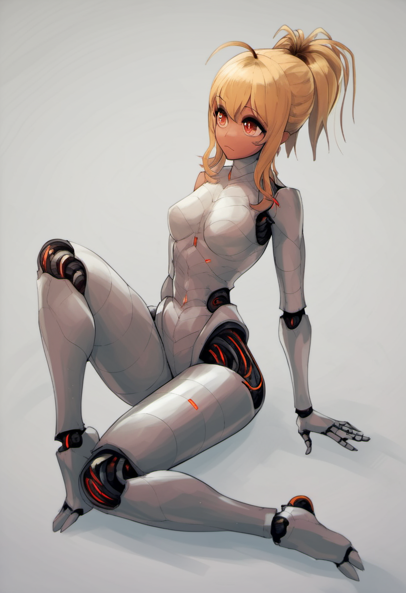 ((<lora:Chika_Chosokabe_from_LIL_PonyXL:0.8>, chika, 1girl, solo, blonde hair, ponytail, ahoge) hybrid with (Robot Female)), metallic skin, glowing, scifi setting, full body, score_9, score_8_up, score_7_up, score_6_up, score_5_up, score_4_up