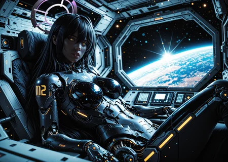 cyborg 1girl, angular, science fiction, futuristic, scenery, (karin \(blue archive\):1.0), sitting in space station, parted lips, mechanical torso, looking at viewer, black hair, yellow eyes, hair between eyes, dark skin, long hair, purple halo, creative angle, head tilt, (dutch angle, dynamic pose:0.9) BREAK masterpiece, best quality, absurdres, HDR, 8K, high contrast, film grain, cinematic lighting, realistic, depth of field, bokeh, neon trim, newest, aidmafluxpro1.1 <lora:- iLL - the_edgy_mech_V3.0:0.4> <lora:aidmaFLuxPro1.1-IL-v0.3:0.2> <lora:Hyper Helmets SDXL v1.0:0.5> <lora:CyborgMechExosuit_v1.5:0.7> <lora:ck-Sci-Fi-Concepts-IL-000015:0.15>âââ