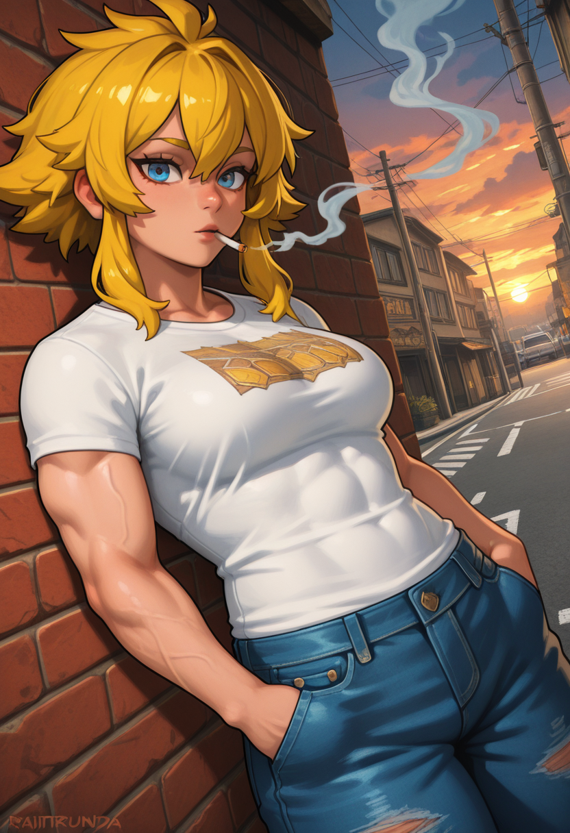 masterpiece, best quality, Graphic Design, color art, vibrant colors, colorful, intricate details, high contrast, detailed background, beautiful detailed, beautiful face, detailed eyes, detailed face, new, newest, raidtrunda, 1girl, solo, blonde hair, blue eyes, (muscular:1.2), dynamic pose, looking at viewer, dutch angle, white t-shirt, rolled sleeves, jeans, street, evening, sunset, cloudy, smoking, leaning to wall, hands in pockets, cowboy shot,