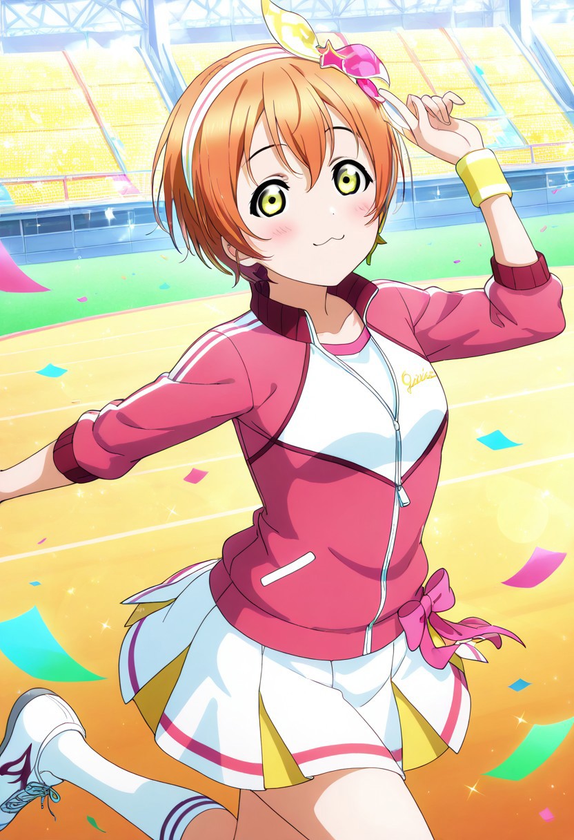 masterpiece, best quality, solo, 1girl, aged up, happy, :3, 
 rin_hoshizora, hoshizora_rin, short hair, pixie cut, orange hair, yellow eyes, jacket, athletic idol outfit, zip-up track jacket, cheerleader skirt, sweatband, stage inside a stadium, bouncing spotlights, cheering crowd, rhythmic performance, running and spinning with energy
