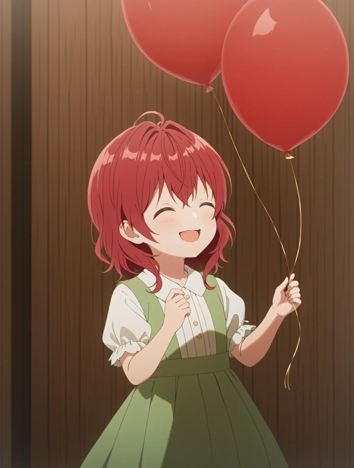 masterpiece, best quality,
1girl,solo,
<lora:dahlia.sdxl.v2:0.9> dahlia, red hair, green eyes,
child, white shirt, green dress,
closed eyes, smile, happy, closed mouth, holding balloon,
