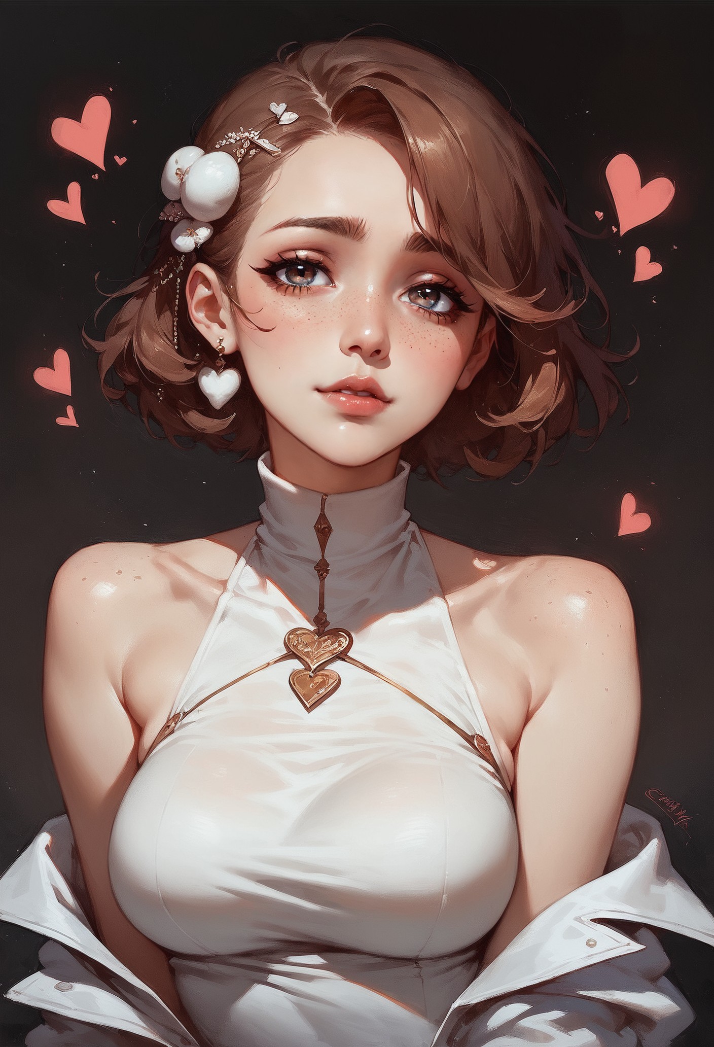 (score_9, score_8_up:1.1), score_7_up,  1girl, solo, expressive, hearts, dynamic, brown hair, short hair, brown eyes, pale skin girl, pale skin, freckles, turtleneck, bare shoulders, blush, white tulip hair ornament, looking_longingly, seductive, sexy_woman, black background  <lora:sdxl/Expressive_H-000001:0.8> <lora:sdxl/pony_twilight_style:0.8>