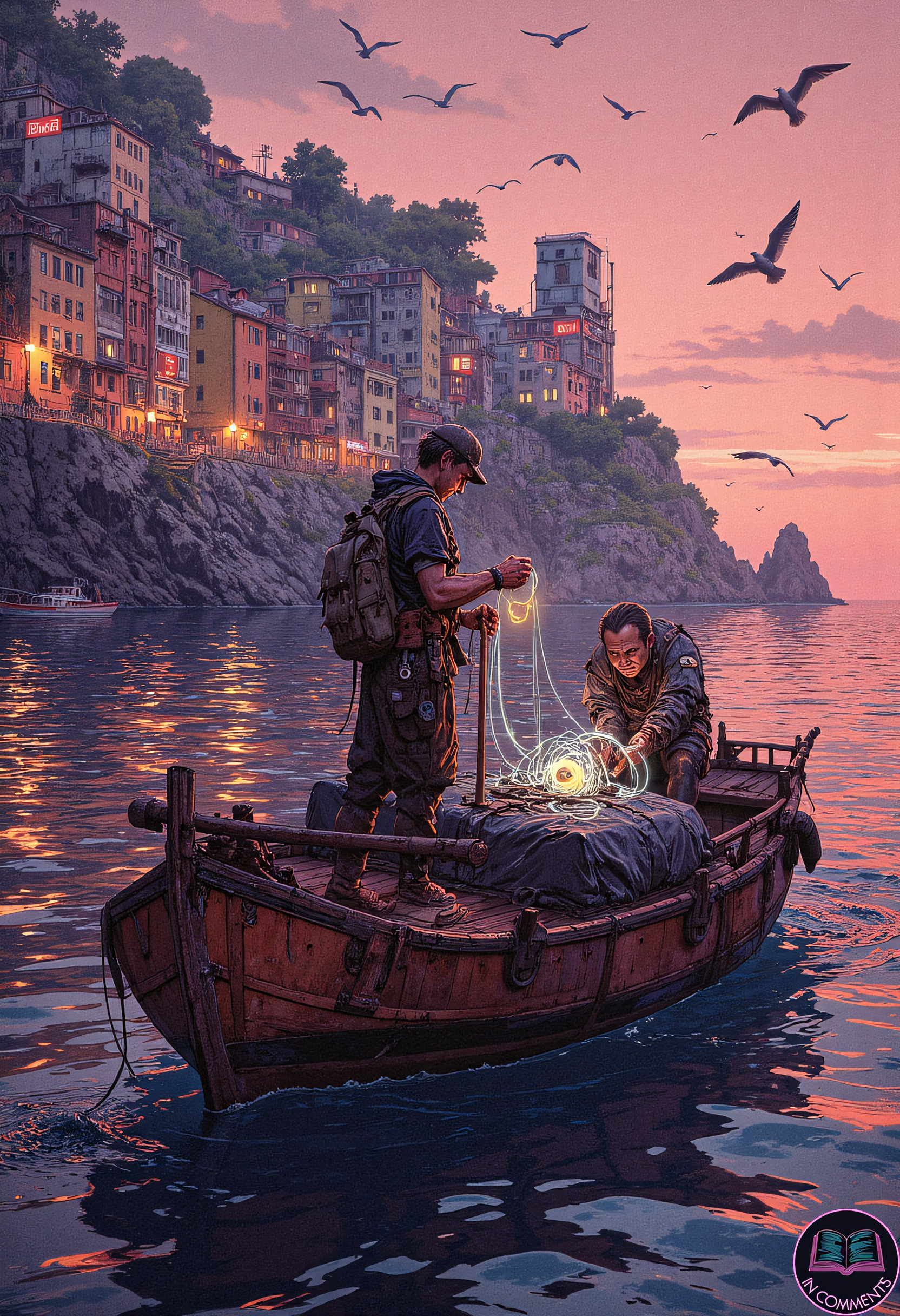 A digital illustration of a small fishing boat departing at dawn from the harbor of a cyberpunk town inspired by the Italian coastline of Cinque Terre. The boat is piloted by an older fisherman with a rugged face, his cybernetic arm glowing faintly in the early morning mist. A teenage apprentice, wearing a sleek augmented reality visor, is coiling glowing fishing lines on the deck. The harbor is lined with colorful, weathered buildings illuminated by dim neon signs and holographic advertisements reflecting softly on the rippling water. The rising sun casts a warm glow, blending beautifully with the cool tones of the cyberpunk aesthetic. Seagulls with glowing feathers circle above, adding to the serene and futuristic atmosphere of the early morning scene.