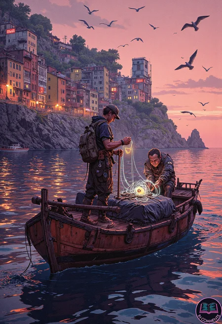 A digital illustration of a small fishing boat departing at dawn from the harbor of a cyberpunk town inspired by the Italian coastline of Cinque Terre. The boat is piloted by an older fisherman with a rugged face, his cybernetic arm glowing faintly in the early morning mist. A teenage apprentice, wearing a sleek augmented reality visor, is coiling glowing fishing lines on the deck. The harbor is lined with colorful, weathered buildings illuminated by dim neon signs and holographic advertisements reflecting softly on the rippling water. The rising sun casts a warm glow, blending beautifully with the cool tones of the cyberpunk aesthetic. Seagulls with glowing feathers circle above, adding to the serene and futuristic atmosphere of the early morning scene.