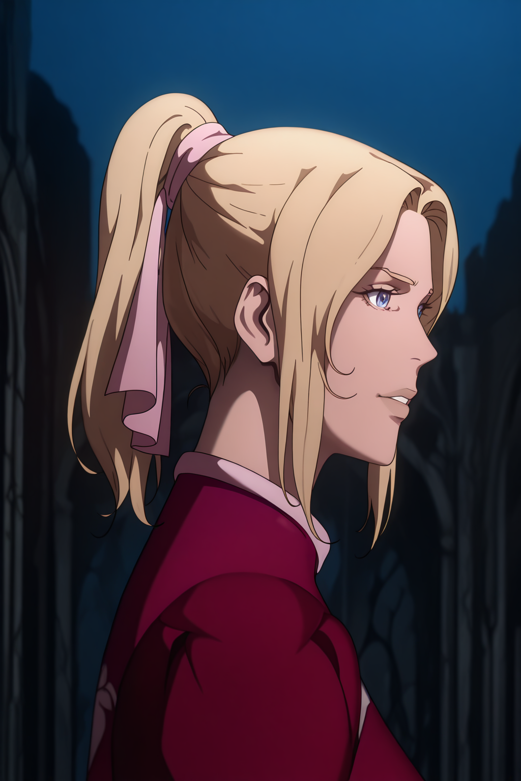 lazypos, 1girl,masterpiece, night, ruins, realistic, 
 <lora:JuliaLaforeze:1> julialaforeze_ill, 1girl, solo, blonde hair, ponytail, dress, puffy sleeves, long sleeves, blue eyes, lips, red dress, juliet sleeves, jewelry, ribbon, hair ribbon
 <lora:Castlevania(Netflix)_ILXL_Style_v1:1.5>