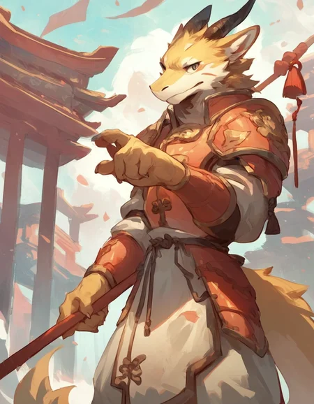 source_furry, 
furred dragon, yellow fur, wearing imperial chinese armor, holding a spear in hand, standing, guarding, chinese temple background, 
 furry, fluffy <lora:kb0g_1.0Pony:0.8>, score_9, score_8_up, score_7_up, score_6_up, score_5_up,