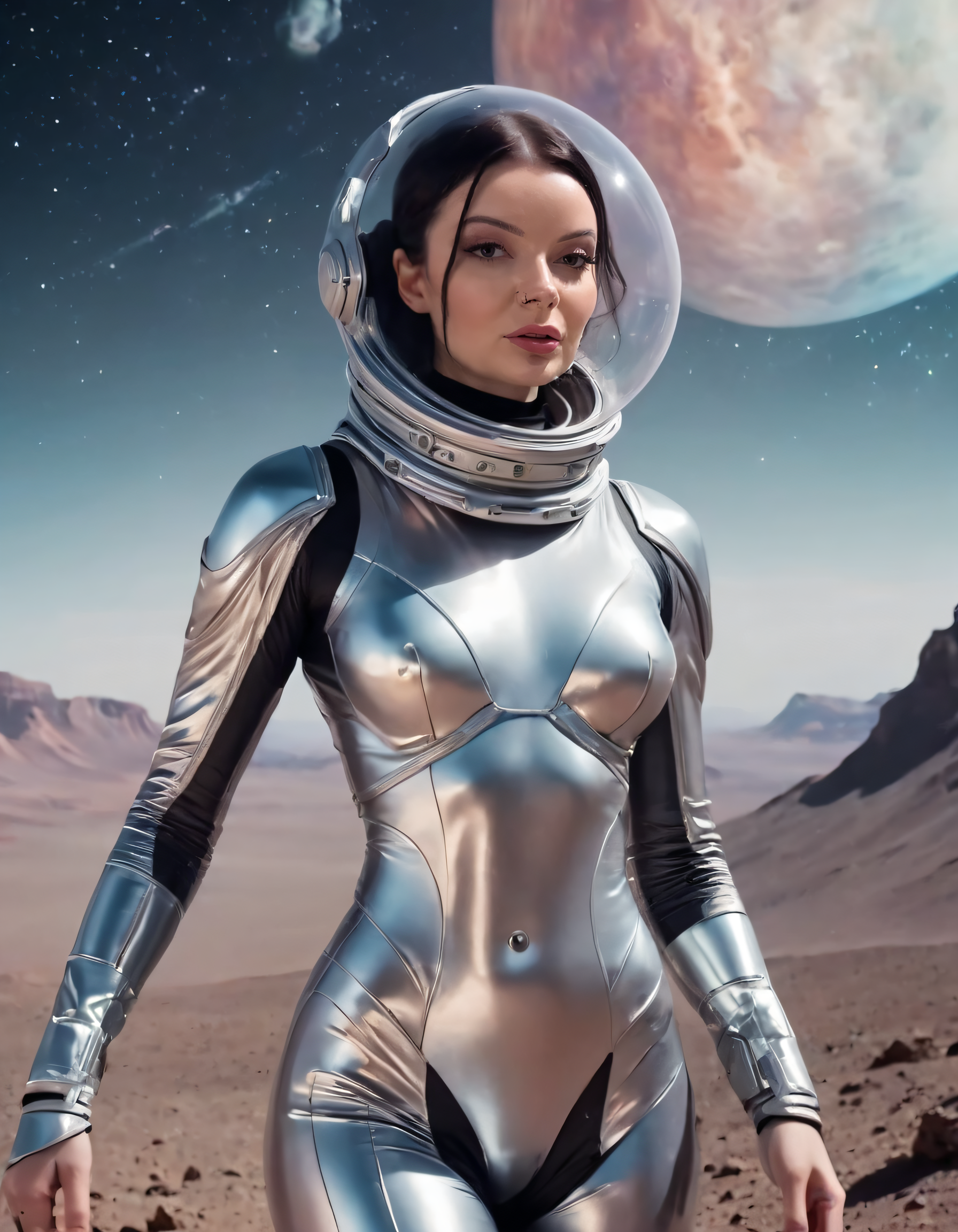 Janee Wiles, the confident and strong solo woman, adorned in her futuristic spacesuit, seamlessly glides across this ethereal galactic landscape, capturing the essence of graceful posing, as if she were the ultimate interstellar explorer, leaving all viewers in awe with the perfect synergy between her character and the otherworldly setting. <lora:mriigp18f684983a5q4b:1>