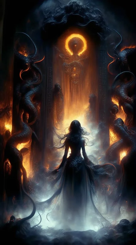 abysues lilith in front of the gate of hades, surrounded by creatures, dark, expressive light, cinematic, enigmatic <lora:abysues:1>