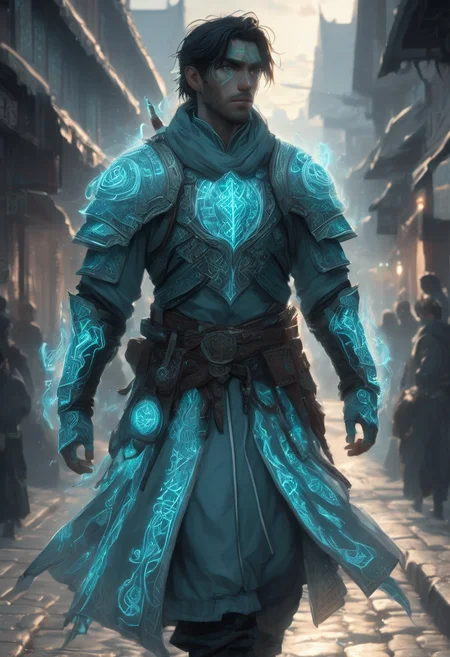 Glowing runes, a man wearing glowing rune clothing, ethereal glowing rune armor translucent glass, walking through a city street