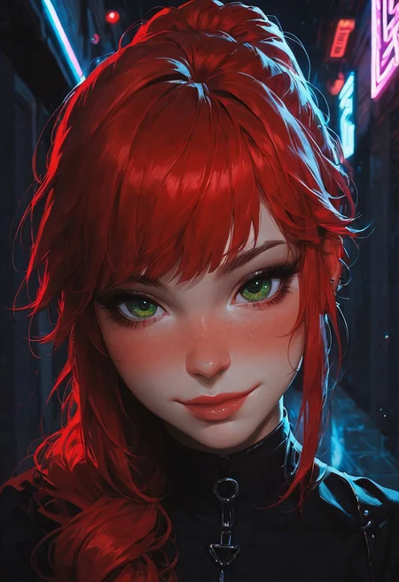 score_9, score_8_up, score_7_up, 1girl, sexy face, ponytail style hair, sexy , cute face , kawai girl, bangs, long red hair, green eyes, nose blush, godrays, goth girl, seductive smile, close up on face, beautiful detailed eyes, beautiful face, highly detailed face, neon lights, hallway, glowing,